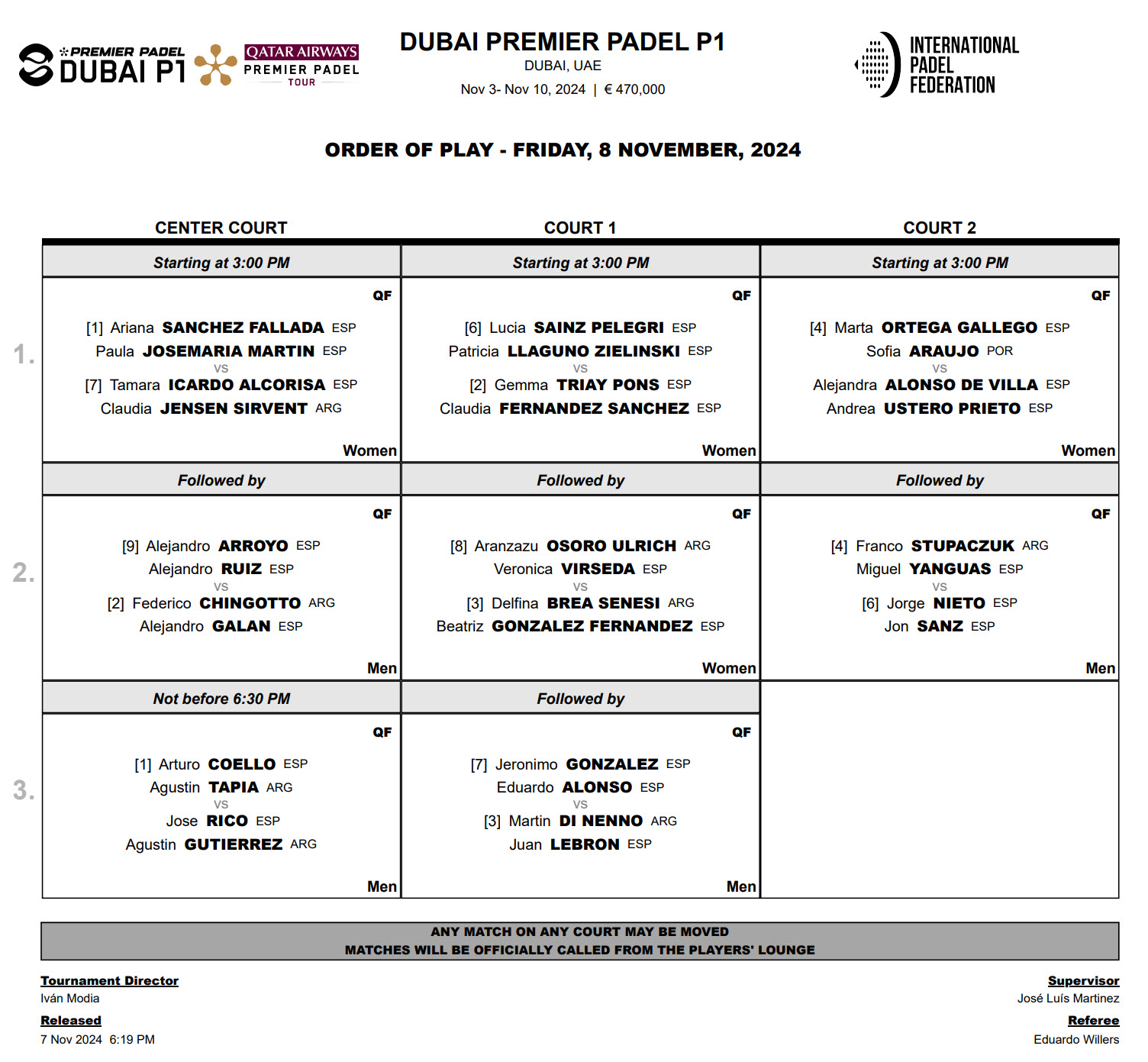 dubai premier padel p1 quarters order of play