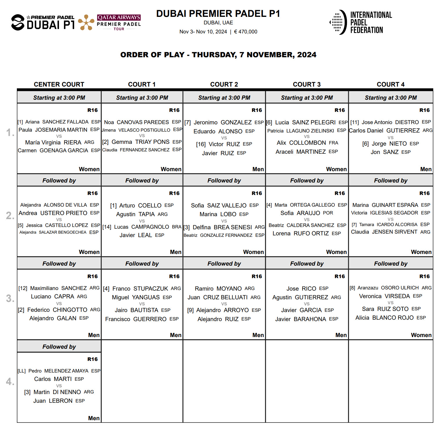 order of play dubai premier padel p1