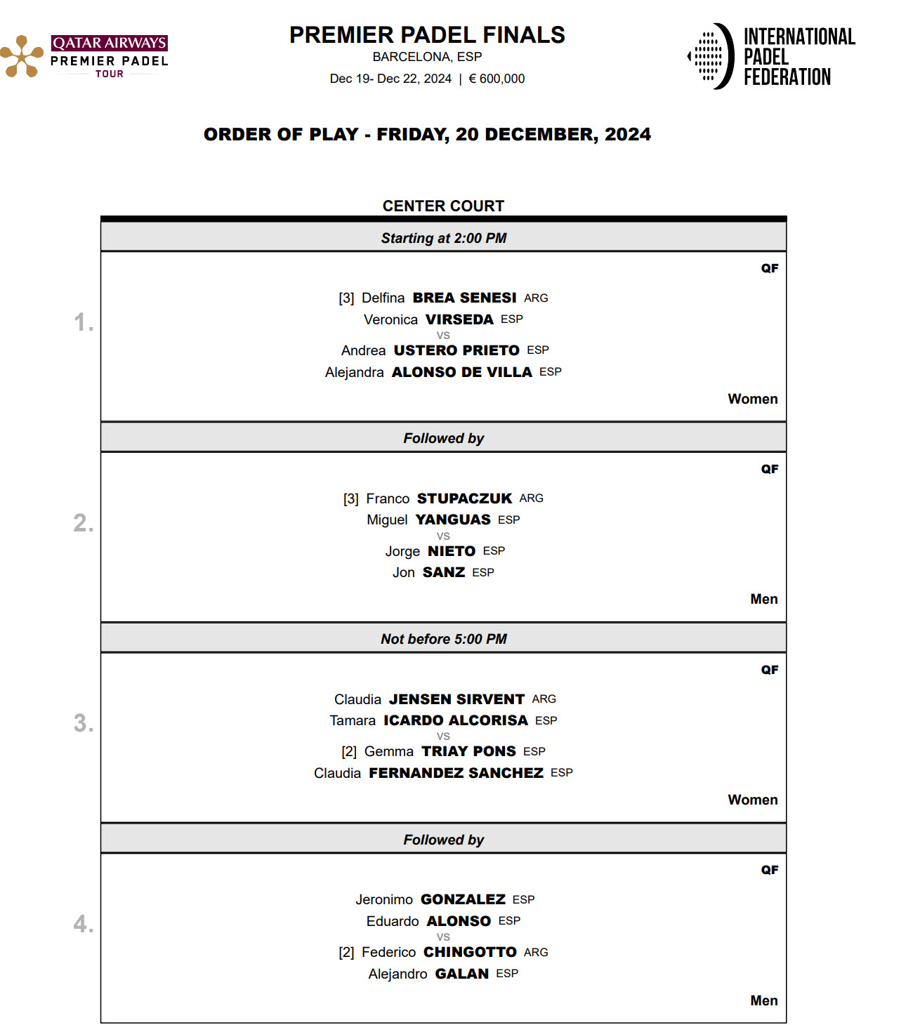 order of play day2 with galan and chingotto