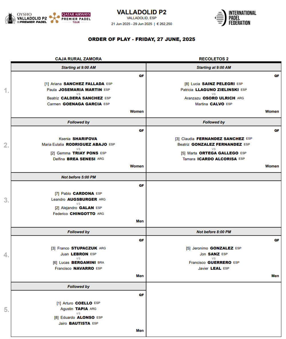 Valladolid P2 Order Of Play Friday June 27 2025