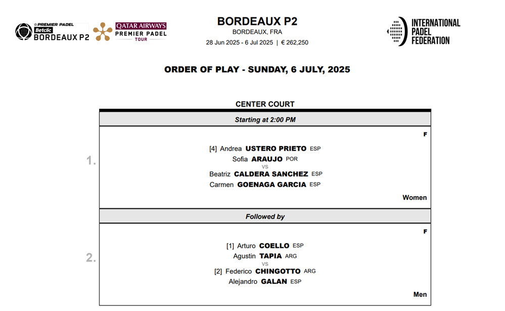 Order Of Play Bordeaux Finals