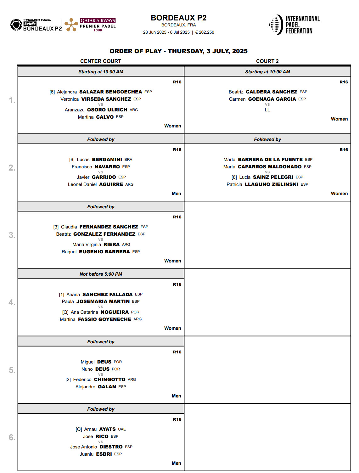 Order Of Play Bordeaux