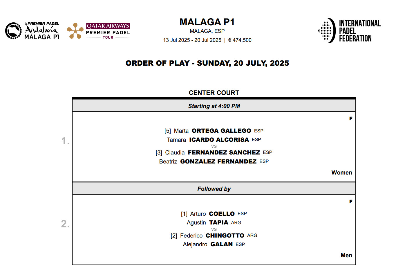 Order Of Play Finals Malaga P1 Padel